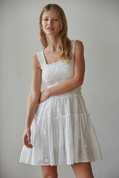 L9316 | Woven Cotton Eyelet Smocked Sleeveless Mini Dress: White / 3S-2M-1L - Lulu Bella Boutique