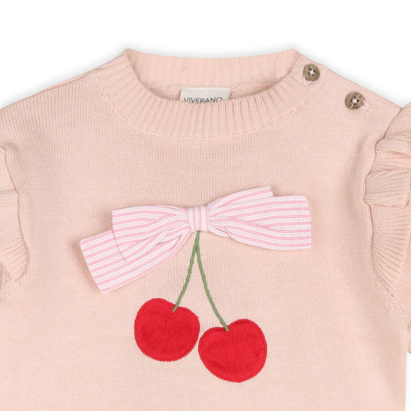 Cherry Bow Baby Pullover & Stripe Pants (Organic Cotton): Pink / Natural