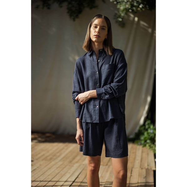 LINEN DROP SHOULDER SHIRT: Navy / S-M-L(2-2-2) - Lulu Bella Boutique