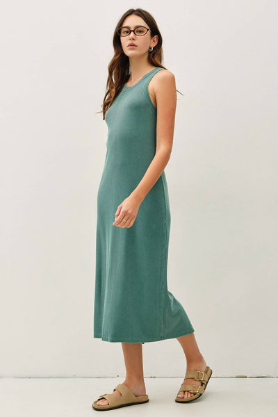 GARMENT WASHED RIBBED SLIM MIDI TANK DRESS: HUNTER / S - Lulu Bella Boutique