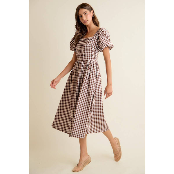 GINGHAM LACE TRIM PUFF SLEEVES LINED MIDI DRESS: BROWN / S - Lulu Bella Boutique