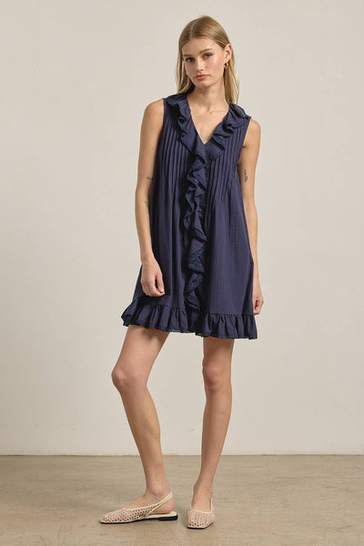 Ruffle Trim Pintuck Dress with Slip Lining - RD1276: NAVY / S-M-L (3-2-1) - Lulu Bella Boutique