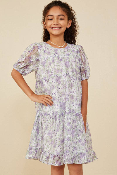 Girls Floral Printed Mesh Puff Sleeve Tiered Dress: Lavender