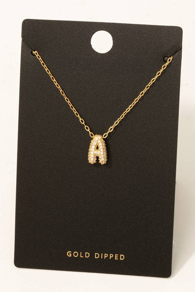 Gold Dipped Cz Pave Bubble Letter Pendant Necklace: A - Lulu Bella Boutique