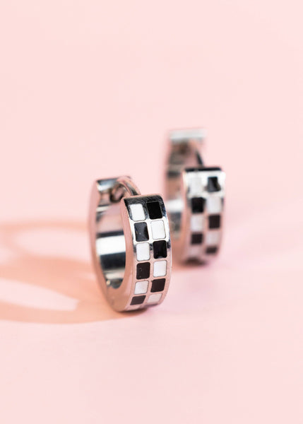 Silver Black/White Checkered Huggies - Lulu Bella Boutique