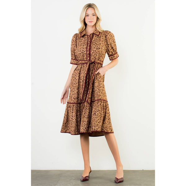 Short Sleeve Corduroy Floral Pattern Dress: BROWN