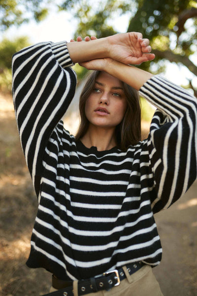 Stripe Puff Sleeve Sweater: Black/White / S