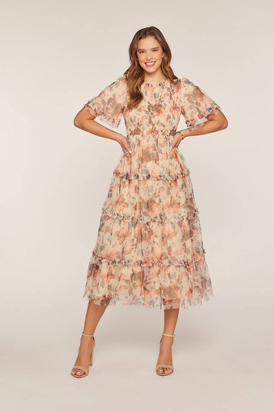 Floral Mesh Tiered Midi Dress: Ivory/Red/Charcoal