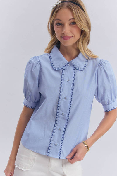 PIN STRIPE BLOUSE TOP WITH SCALLOP EDGE STITCHING DETAIL: BLUE/IVORY / S-M-L(2-2-2) - Lulu Bella Boutique