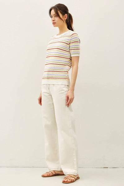 MULTI COLOR STRIPE SHORT SLEEVE TEXTURED SWEATER  : SWEET PEA / S - Lulu Bella Boutique