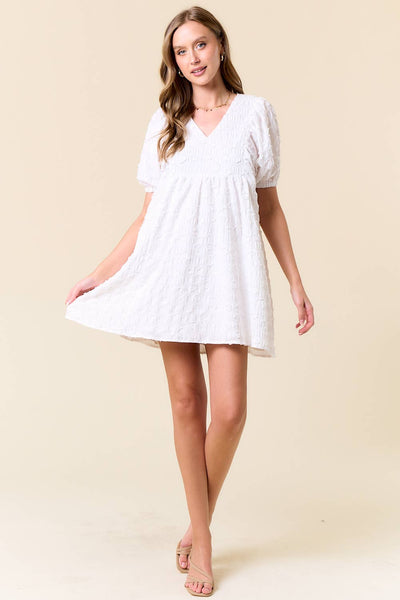 Jacquard V-Neck Puff Short Sleeve Mini Dress - 27982D: OFF WHITE / S - Lulu Bella Boutique