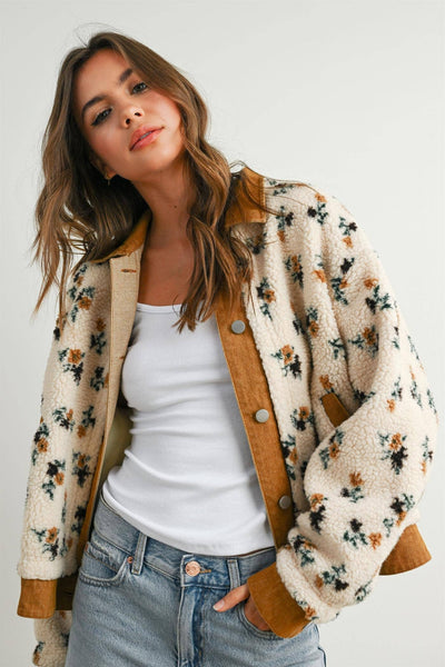 Floral Sherpa Fleece Snap Jacket with Twill Trim: CREAM / CAMEL