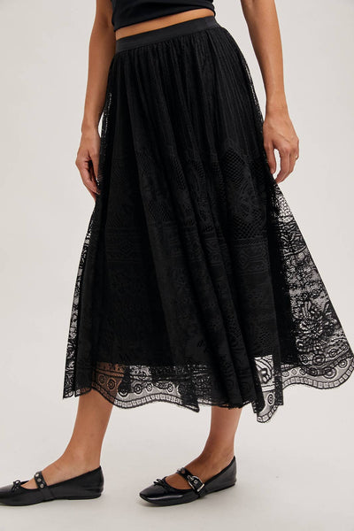 BOHO LACE MIDI SKIRT WITH LINING: Black