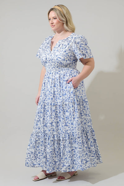 Kearny Floral Palmer Poplin Tiered Maxi Dress Curve: WHT-BLUES-MULT / 3X - Lulu Bella Boutique