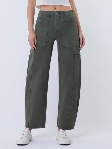 SUPER HIGH RISE ELASTIC WAISTBAND BARREL JEANS: DEEP FOREST - Lulu Bella Boutique