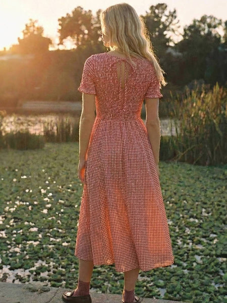 Round Neck Half Sleeve Smocked Cotton Gingham Midi Dress: Cherry / S - Lulu Bella Boutique
