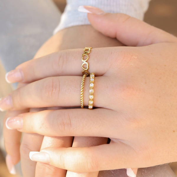 18k Gold PVD Coated Beaded Stainless Steel CZ Stacking Ring: Black / 7