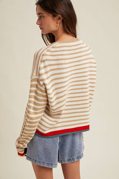 STRIPED DROP SHOULDER SWEATER: CREAM/TAUPE - Lulu Bella Boutique