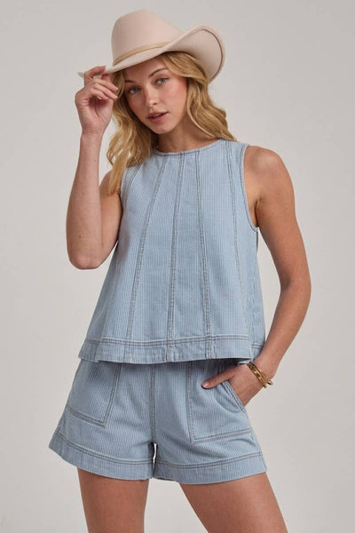 SLEEVELESS PIN STRIPE DENIM TOP AND MATCHING SHORTS SET: DENIM / S-M-L(2-2-2) - Lulu Bella Boutique