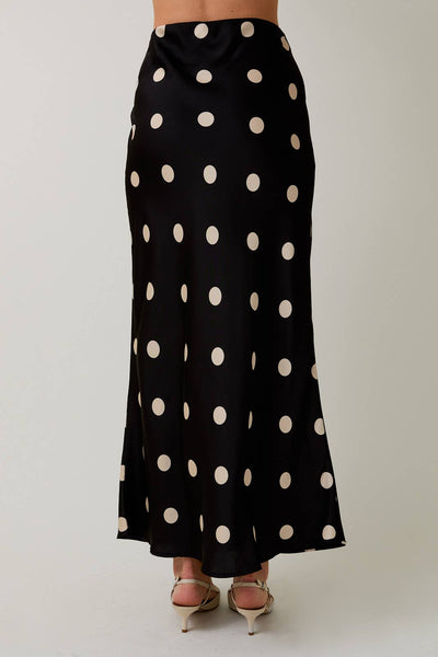 SATIN MIDI SKIRT IN POLKA DOT: BLACK-CREAM DOT / S - Lulu Bella Boutique