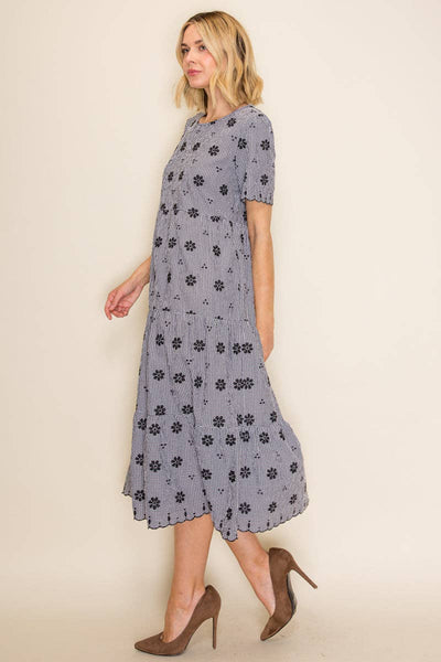 Gingham Embroidered Babydoll Midi Dress: Black/Ivory