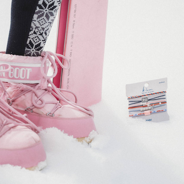 "Aprés" Blue, Red & Pink with Silver Snow & Winter Accent Hair Tie Bracelets: Medium