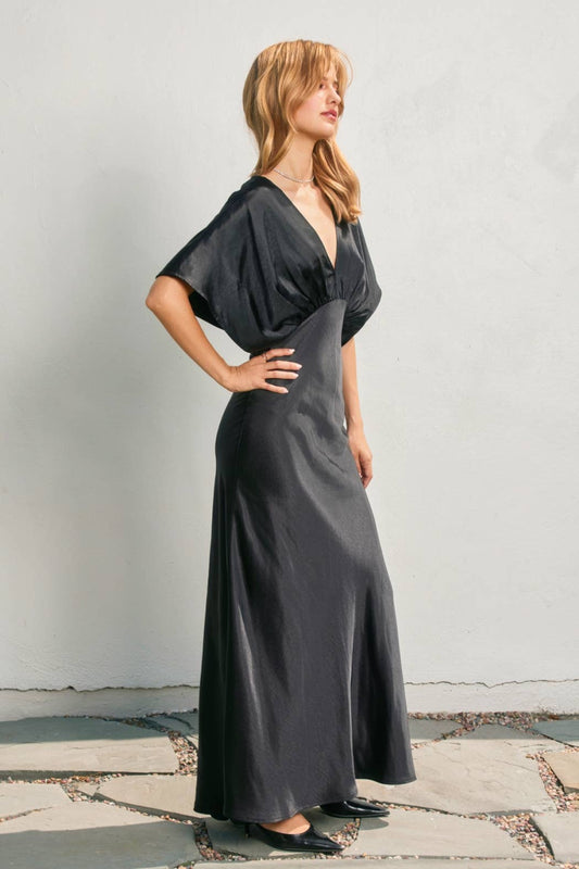 Satin Blouson Maxi Dress: BLACK