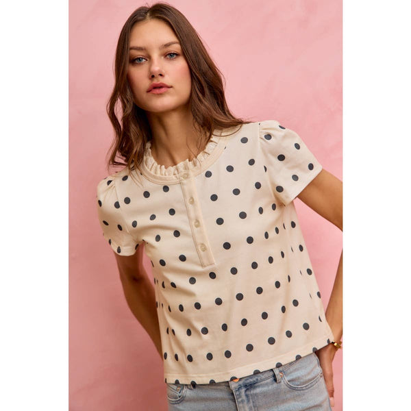 POLK-A-DOT KNIT LACE TRIM ON NECKLINE SHORT TOP: OFF WHITE/BLACK / S - Lulu Bella Boutique