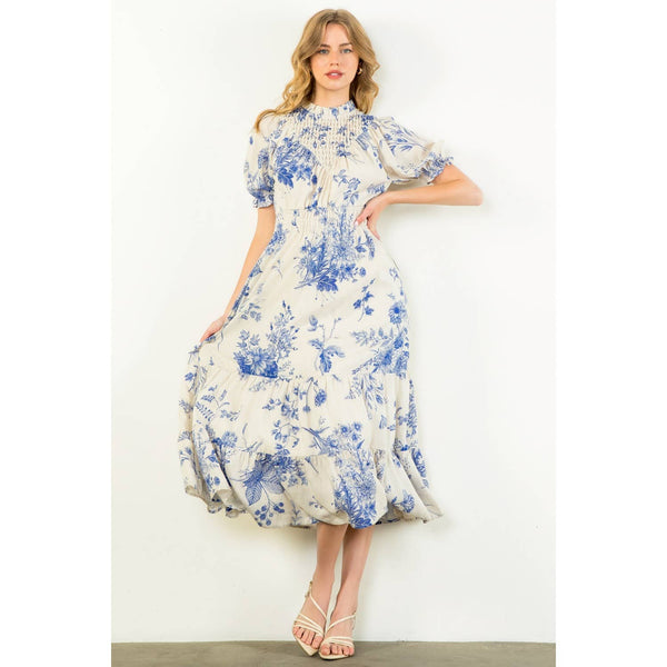 Floral Print Short Sleeve Maxi Dress: BLUE / XS-S-M-L(1-2-2-1) - Lulu Bella Boutique