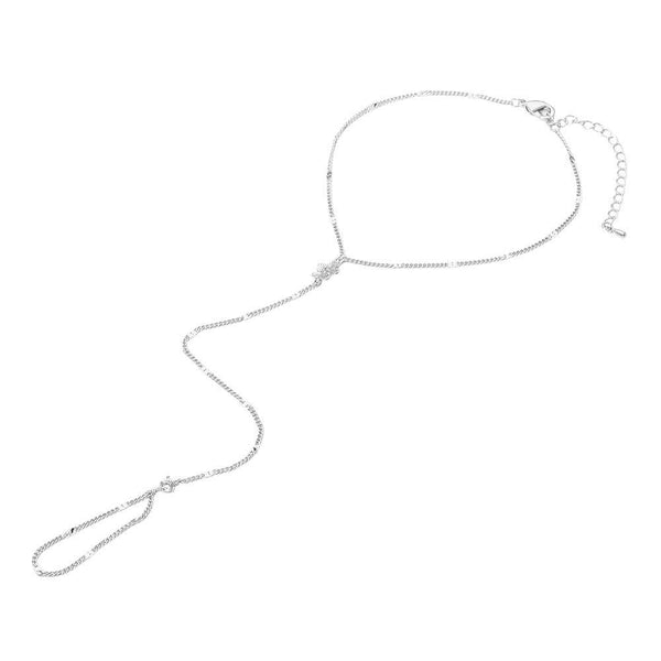 Delicate Flower Charm Accent Hand Chain Bracelet: Clear,Rhodium - Lulu Bella Boutique