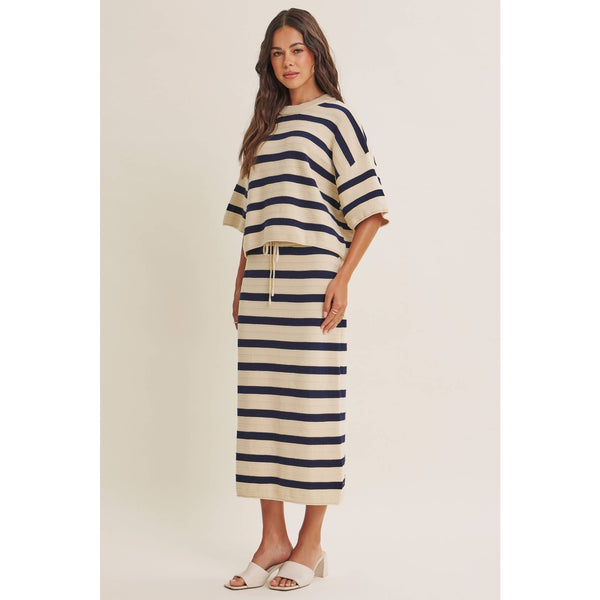 WEEKEND IN CANNES SOFT DRAPE COTTON STRIPE SET: NATURAL/NAVY