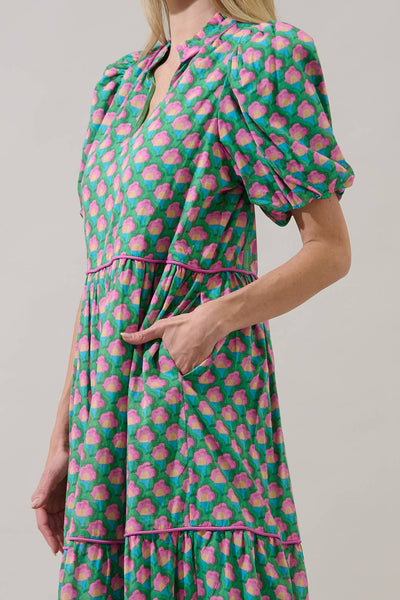 Gercy Abstract Renley Tiered Maxi Dress: GRN-PINK-MUL / XS - Lulu Bella Boutique