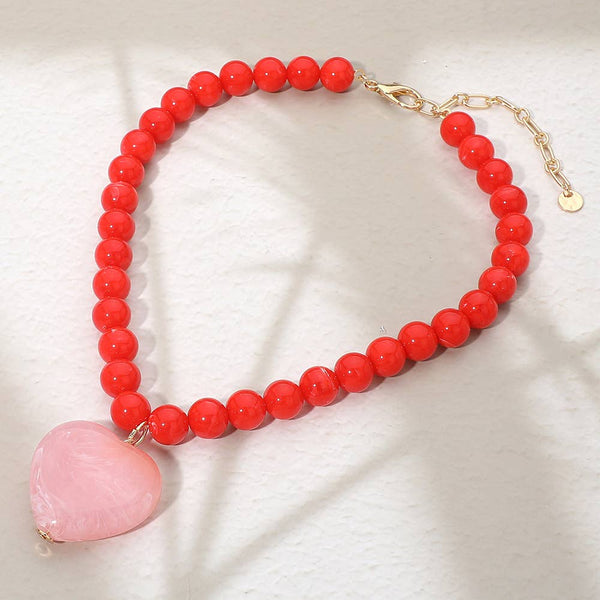 Chunky Marbled Resin Heart Charm Beaded Necklace: Rose