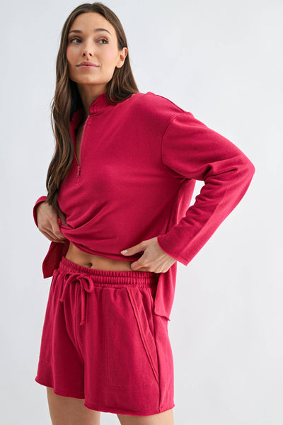 Offset Raw Edge Half-Zip Set: PLUM PINK / S:M:L (2:2:2) - Lulu Bella Boutique