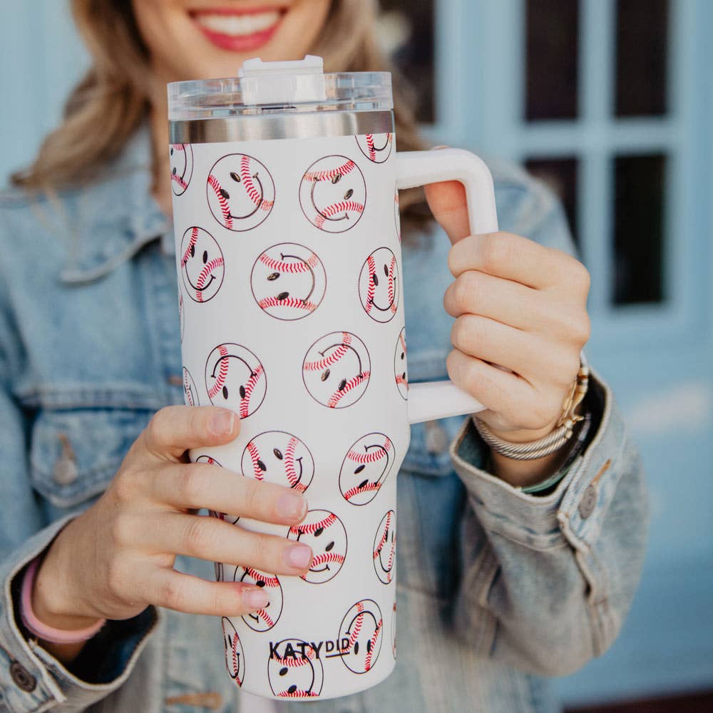 Baseball Happy Faces Stainless Steel Tumbler Cup: White