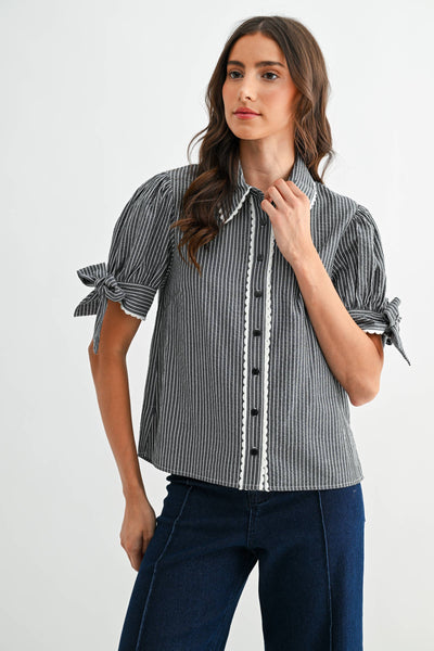 BLUE STRIPE BLOUSE: BLACK/WHITE STRIPE - Lulu Bella Boutique