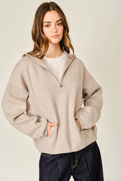 WOOL MIX HALF ZIP UP PULLOVER SWEATER: MOCHA