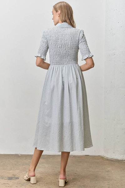 Gingham Smocked Bodice Button-Front Midi Dress: SAGE/IVORY - Lulu Bella Boutique