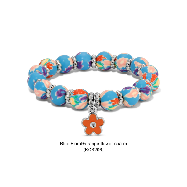 Kids Clay Beaded Stretch Charm Bracelets : Pink & White Floral+pink dog charm (KCB214G) - Lulu Bella Boutique