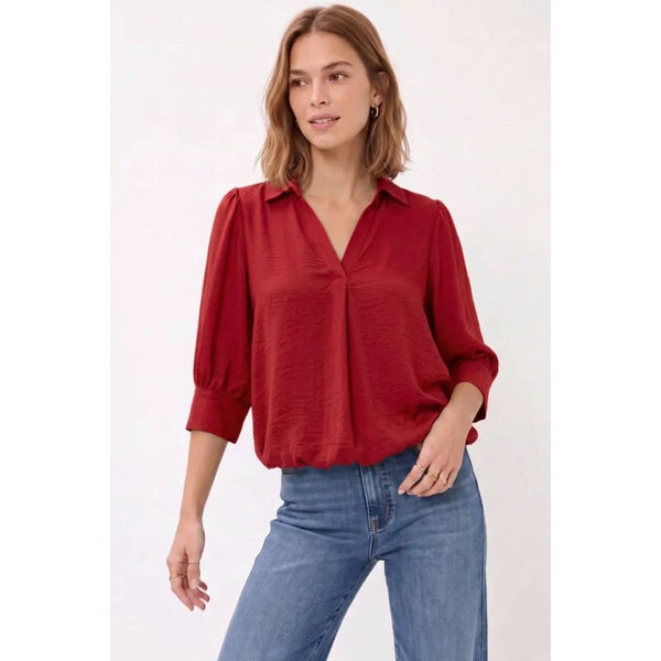 Half Sleeve Hi-lo Bubble Hem Blouse: New Red