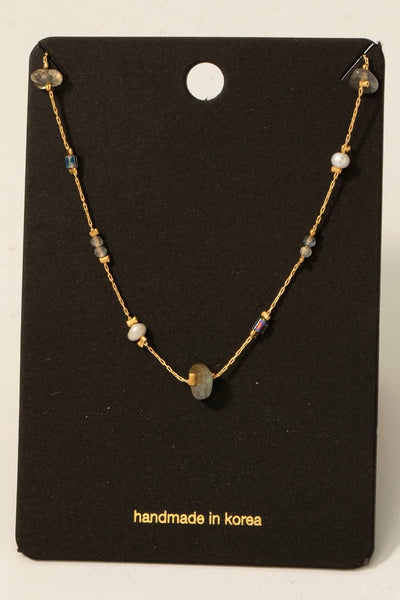 Pearl And Chip Stone Station Beads Chain Necklace: MI - Lulu Bella Boutique