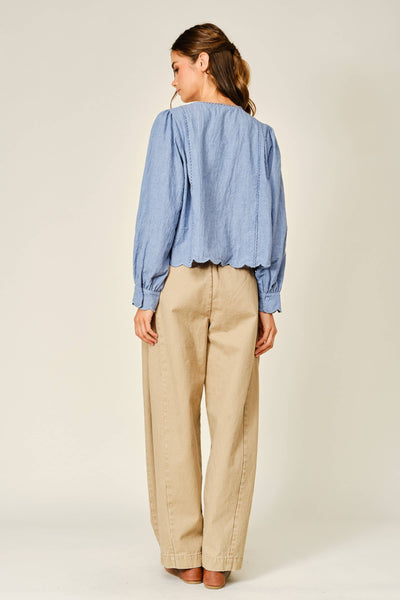 SCALLOP LACE DETAIL A LINE BLOUSE: DENIM BLUE