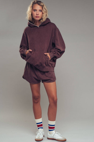 Vintage-Wash Crochet Trim Hooded Sweatshirt: BROWN