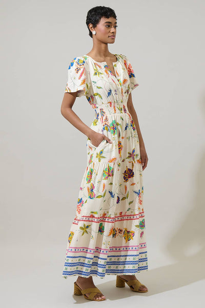Miraflor Rony Smocked Maxi Dress: IvoryMulti / S - Lulu Bella Boutique