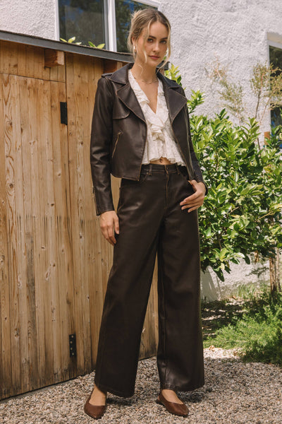 Distressed Faux Leather Moto Jacket: COCO BROWN / XS - Lulu Bella Boutique