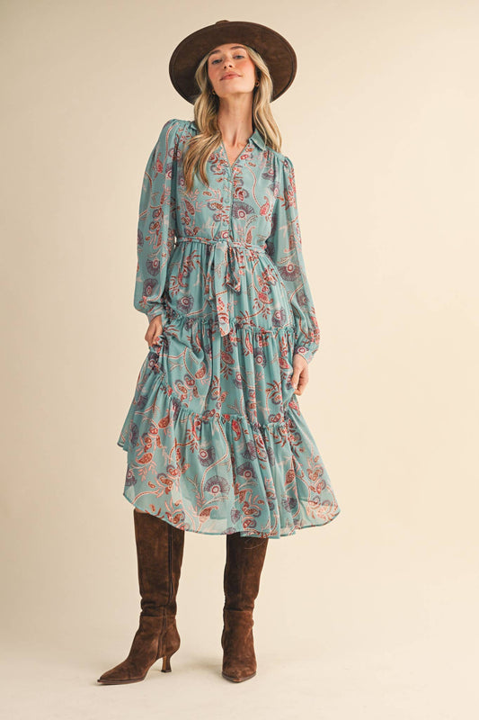 PAISLEY PRINT RUFFLE TIERED MIDI DRESS: SEAFORM