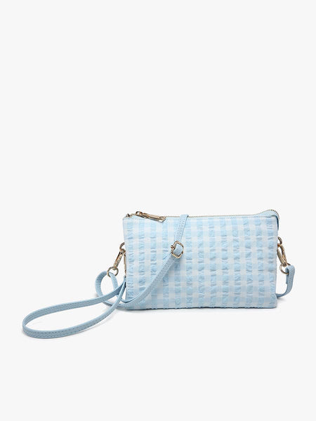 M013GHM Riley Gingham Monogrammable 3 Compartment Crossbody/Wristlet: Baby Blue - Lulu Bella Boutique