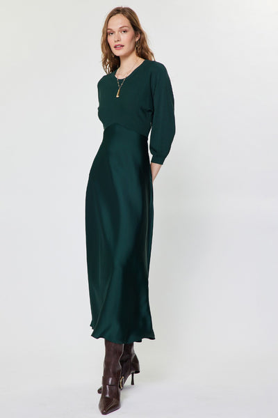 Satin Sweater Mixed Media Midi Dress