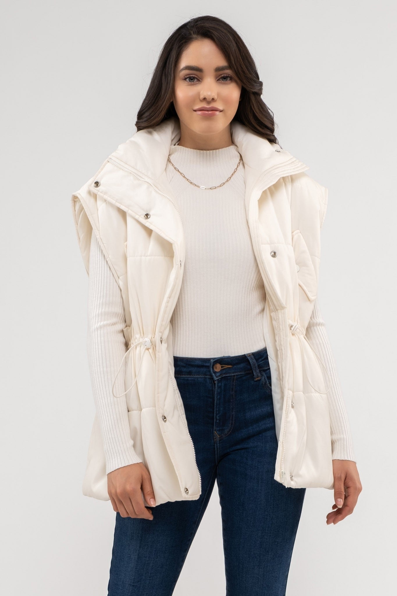 Drawstring Puffer Vest in Ivory