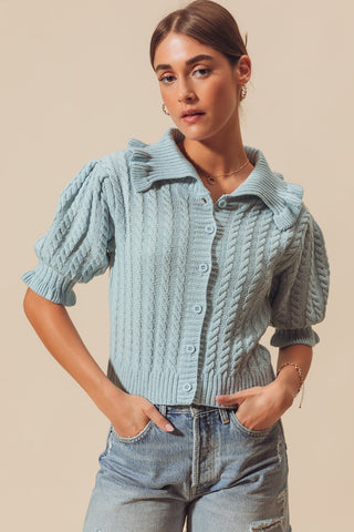 Collared Cable Knit Puff Sleeve Cardigan